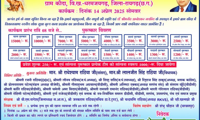 भारत रत्न अम्बेडकर जयंती में ग्राम कीदा में दिखेगी सुवा नृत्य की झलक, सांसद राधेश्याम राठिया होंगे मुख्य अतिथि, बतौर विशिष्ट अतिथि शामिल होंगे डीडीसी रजनी राठिया 1 IMG 20250411 WA0007